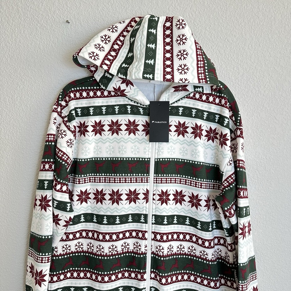 Fabletics Men Cozy Fleece Hooded One Piece Jumpsuit Holiday Fairisle Large Tall‎
